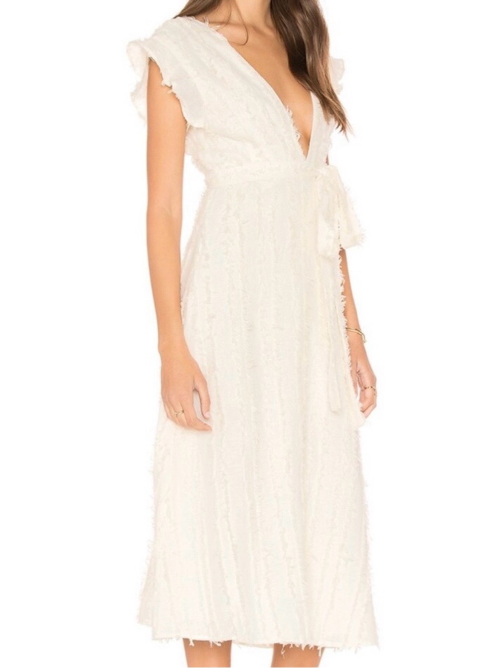 Line & Dot White Frayed Raw Edge Maxi Dress Deep V-Neck Belted Boho Chic Size M